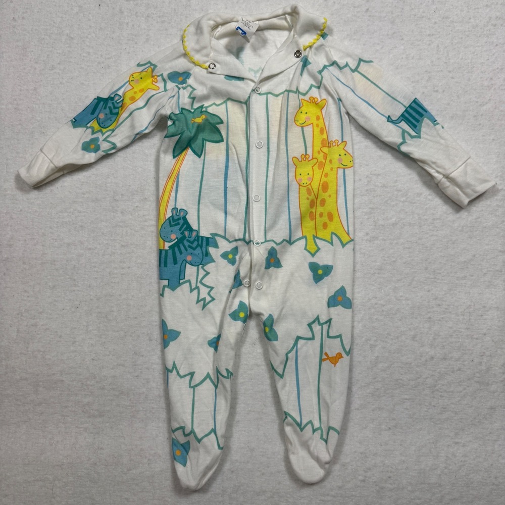 Vintage 1987 Stork Craft Safari Animal Print Footed Baby Sleeper‎ Pajamas 6-9 Mo